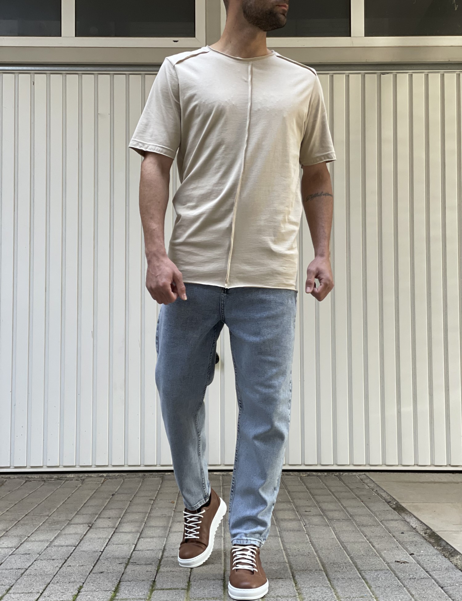 NDC ανδρικό μπεζ ασύμμετρο T-shirt με ραφή 232917B φωτογραφία